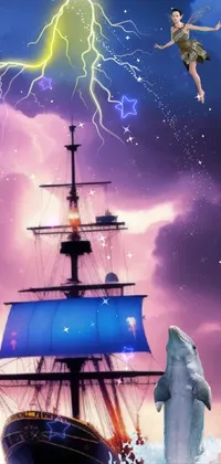 This live wallpaper showcases a dazzling ship sailing on calm waters