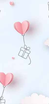 This adorable phone live wallpaper captures a delightful scene of pink heart-shaped balloons dancing across a bright blue sky