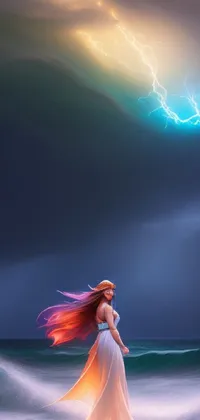 Get mesmerized by this phone live wallpaper featuring a majestic woman standing in turbulent waters