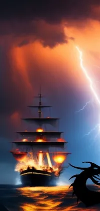 Experience the awe-inspiring beauty of a boat sailing on a tranquil sea adorned by intense lightning strikes in the distance