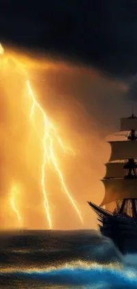 Are you ready for an adventurous theme on your phone? Discover this stunning live wallpaper featuring a tall ship sailing through thunderous waters at night - complete with stunning lightning bolts illuminating the scene