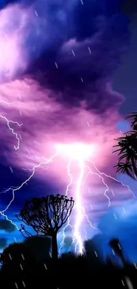 This phone live wallpaper displays an incredible scene featuring trees, lightning, African fractals, and a weather report