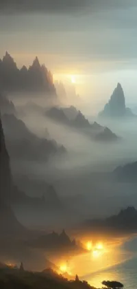 This live wallpaper depicts stunning fantasy art of a lake surrounded by mountains