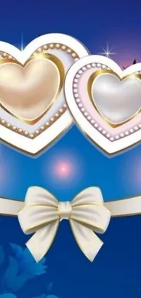 This live wallpaper for your phone showcases two hearts with bows against a serene blue background