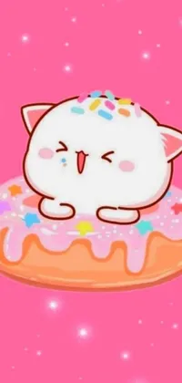 This live phone wallpaper is designed with a cute and playful theme featuring a cat sitting atop a donut covered in colorful sprinkles