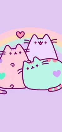 This live phone wallpaper showcases two adorable cats sitting together against a pastel rainbow background with a dreamy and whimsical vibe