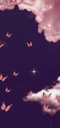 This stunning mobile live wallpaper showcases a digital art design portraying a group of butterflies gracefully flying in a dark purple sky, giving it a mystical and charming look