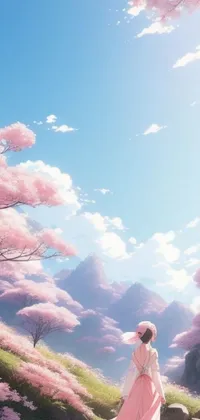 This stunning phone live wallpaper showcases a serene landscape: a woman standing atop a green hillside surrounded cotton candy trees