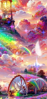 This phone live wallpaper depicts an intricate castle surrounded by beautiful elements of nature, including a flowery hill and a rainbow in the sky