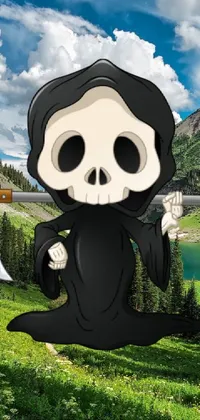 This live wallpaper features a cartoon grim doll holding a knife in a mountainous background