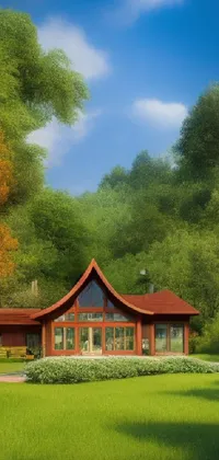 This phone live wallpaper depicts a beautiful wooden cottage surrounded by green fields and lush forests