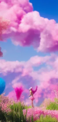 This phone live wallpaper features a 3D scene of a girl standing in a lush green grass field surrounded by cotton candy trees