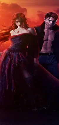 This live wallpaper showcases a captivating gothic-inspired artwork of a man and woman in rich red and purple colors