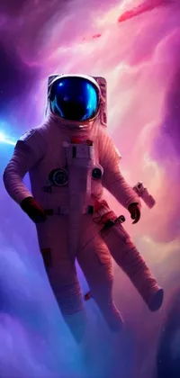 This phone live wallpaper showcases an astronaut in a space suit, flying through a colorful nebula background