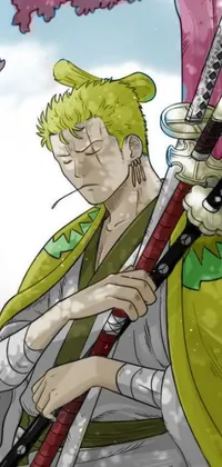 This phone live wallpaper showcases a green-robed character wielding a sword in a dynamic manga drawing