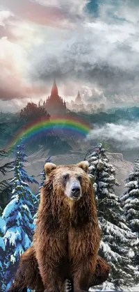 This mesmerizing live wallpaper features a majestic bear sitting in a snowy mountain range, against a background inspired by traditional landscape paintings
