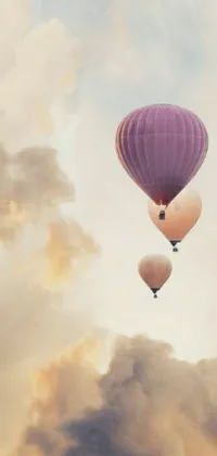 Add some whimsy to your phone with this dreamy live wallpaper! Two hot air balloons glide through a cloudy sky, their vibrant colors popping against the serene, pale beige backdrop