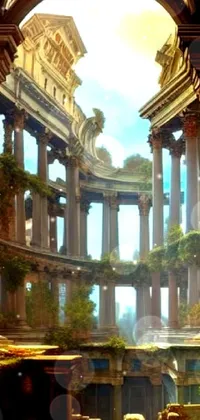 This stunning neoclassical live wallpaper boasts an old grand building with classic columns, a clock tower, and ancient ruins, centering around a pool within the palace that's surrounded by lush vegetation and flowers