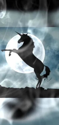 Get mesmerized with this surreal phone live wallpaper featuring an enchanting unicorn standing on its hind legs in front of a full moon