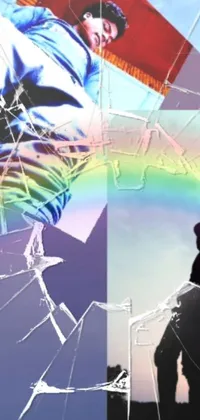 This phone live wallpaper boasts a captivating and edgy design that includes a broken window, Instagram post, panfuturism in the form of a human silhouette, a crying woman painted in rainbow colors, animated stills, and shattered glass