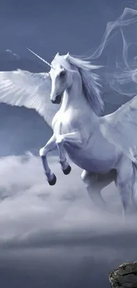 Experience the magical fantasy of a majestic white horse with beautiful wings soaring through the skies over a breathtaking cliff, in this stunning digital art live wallpaper