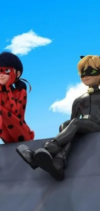 This phone live wallpaper features an anime-style illustration of two ladybugs sitting on a roof