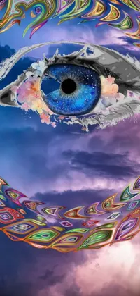 This phone live wallpaper showcases a captivating eye close-up accented by psychedelic colors against a whimsical, cloudy background