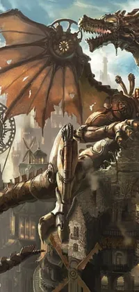 Experience the awe-inspiring sight of a dragon live wallpaper for your phone! The dragon, with stunning wings that seem to grow out of its arms, is seen perched on a building in a post-apocalyptic cityscape