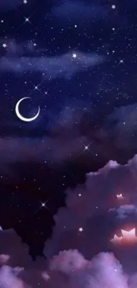 Transform your phone background with this breathtaking live wallpaper featuring a mesmerizing night sky complete with a stunning crescent moon and glittering stars