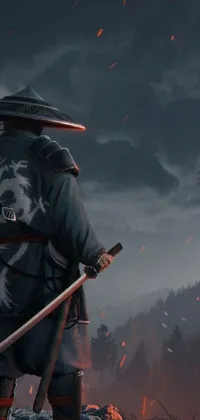 This live wallpaper showcases a fiery scene with a sword-wielding man as the centerpiece