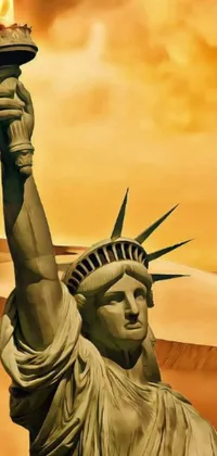 This phone live wallpaper showcases a digital art of the Statue of Liberty in the middle of a desert, surrounded by sand dunes
