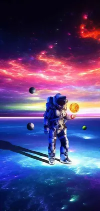 This live wallpaper depicts an astronaut exploring an icy planet with colorful planets in the background