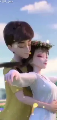 This phone live wallpaper displays a captivating 3D animated scene of a couple in a lush green field