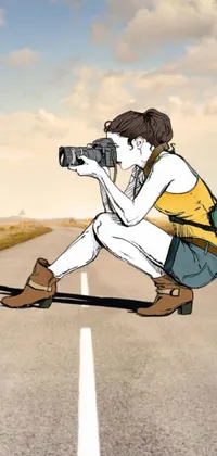 This live phone wallpaper depicts a brave woman taking a photograph on the side of the road