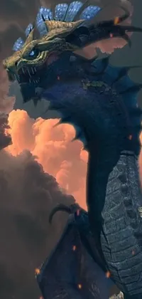 Get lost in a fantastical world with this stunning phone live wallpaper depicting a magnificent blue dragon flying through a cloudy sky