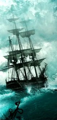 This live wallpaper features a stunning digital rendering of a gothic sailing ship battling a stormy sea