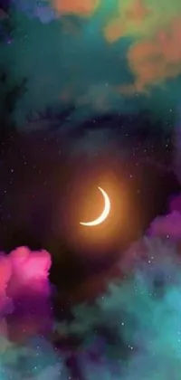 This gorgeous live wallpaper showcases a vivid digital painting of a crescent in the sky, surrounded by dazzling stars and breezy clouds