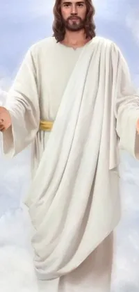 This live wallpaper features a serene depiction of Jesus standing in the clouds, with his hands out and wearing a white silky outfit