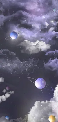 This captivating phone live wallpaper features a group of balloons floating in a cloudy blue sky, accompanied by beautiful space art with purple halos