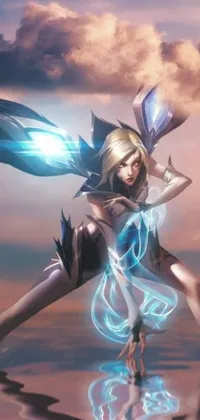 This live wallpaper depicts a mystical fantasy scene featuring a stunning female character casting a spell with her cryokinesis powers
