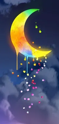 This mobile live wallpaper showcases a digitally-created crescent moon in a brilliantly-colored sky