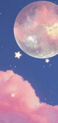 This phone live wallpaper features a beautiful digital painting of a full moon in a night sky filled with gleaming stars