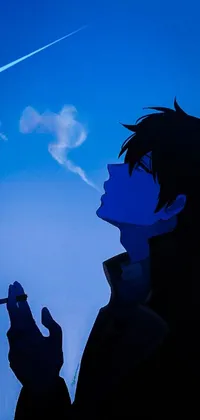 This phone live wallpaper showcases an anime-style silhouette of a man smoking a cigarette