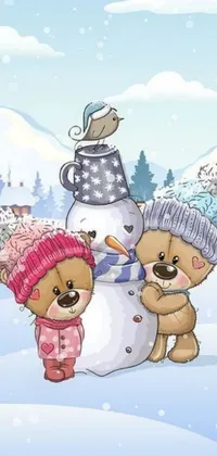 This live wallpaper showcases an adorable digital art image of two teddy bears alongside a snowman