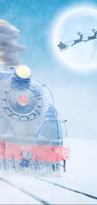 Enjoy a stunning live wallpaper for your phone featuring a large train on a steel track in the snowy moonlit landscape