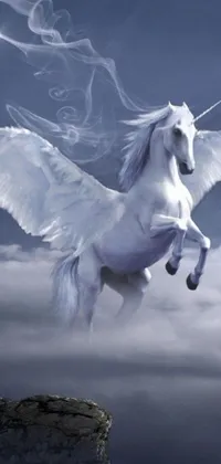 This phone live wallpaper showcases a breathtaking depiction of a flying white horse, also known as a unicorn, against a serene and celestial sky
