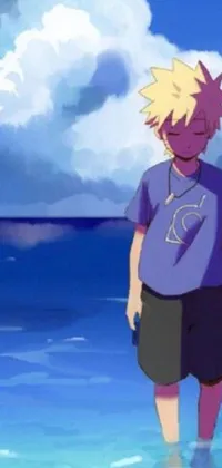 This phone live wallpaper showcases an anime-style blond boy standing on a beach next to the ocean, with a touch of urban graffiti art in the background