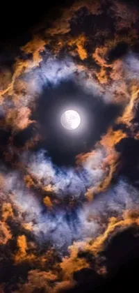 This dynamic live wallpaper portrays a dramatic full moon shining through the clouds