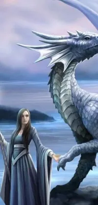 This live wallpaper for phones depicts an enchanting scene of a woman holding a wand next to a dragon