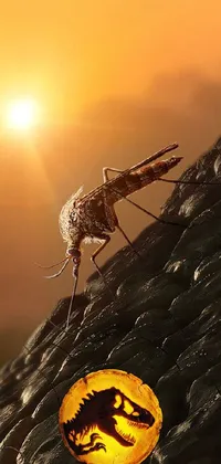 This stunning live wallpaper depicts a mosquito resting on a rock in front of a majestic sunset